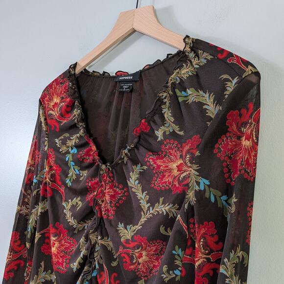 Y2K Express Floral Top L Brown Red Mesh Floral Fairy Grunge Whimsigoth Long Slee - Picture 2 of 11